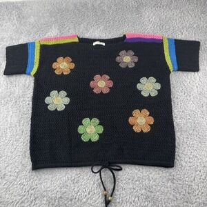 MELLO Los Angeles Sweater M Black Embroidory Daisies Retro BOHO Drawstring Hem